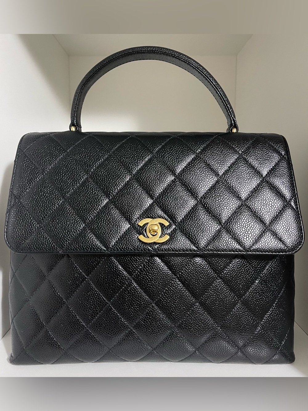 Authentic CHANEL Vintage Caviar Kelly Black Handle Bag